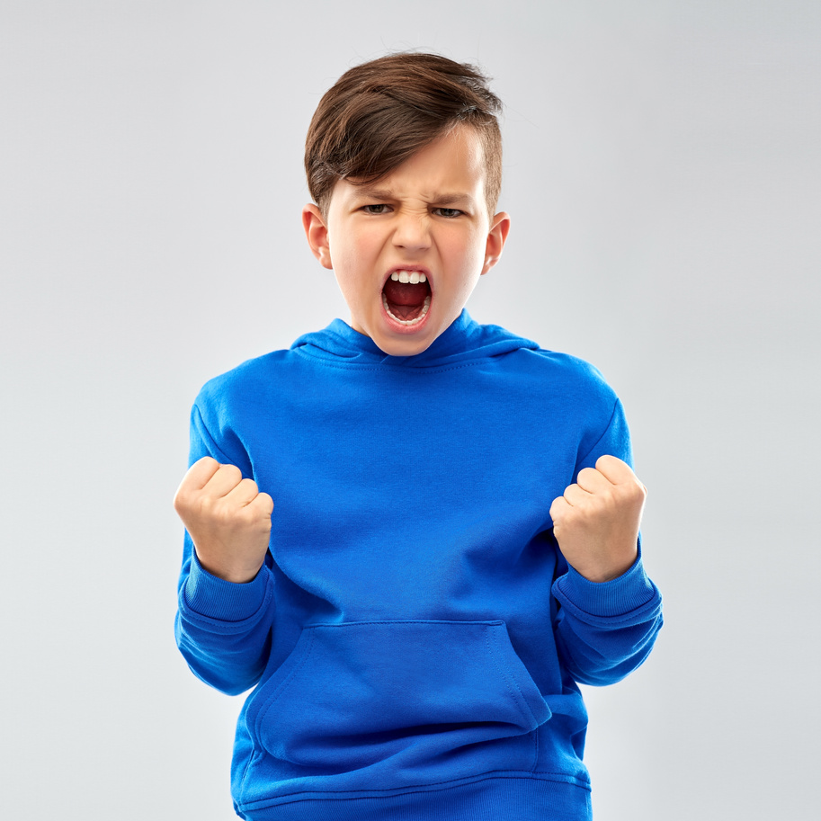 Angry Boy in Blue Hoodie Celebrating Success